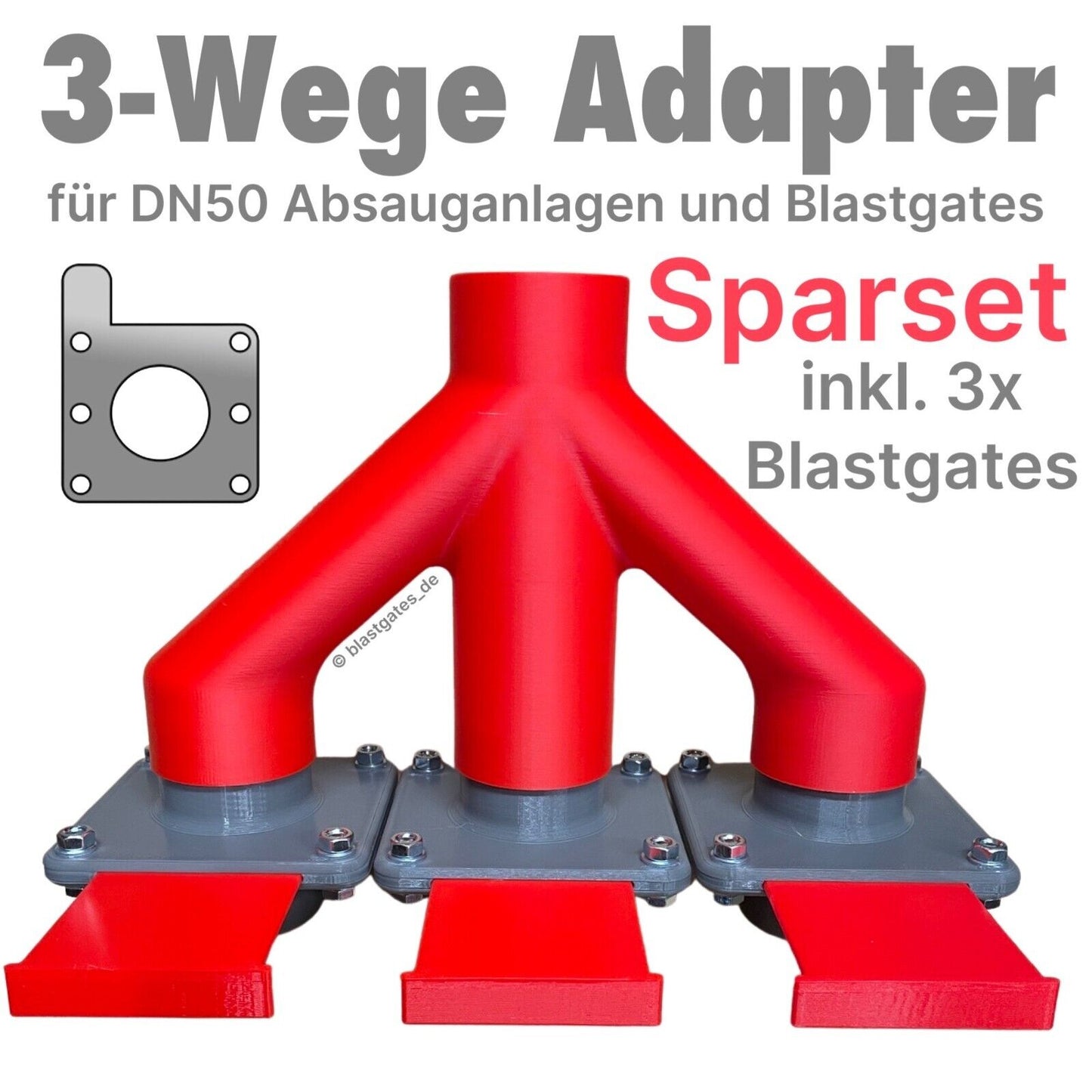 W-Adapter, 3-Wege Adapter inkl. 3x Blastgates DN50 Sparset Absauganlage Absperrschieber