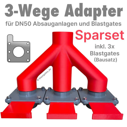 W-Adapter, 3-Wege Adapter inkl. 3x Blastgates DN50 Sparset Absauganlage Absperrschieber